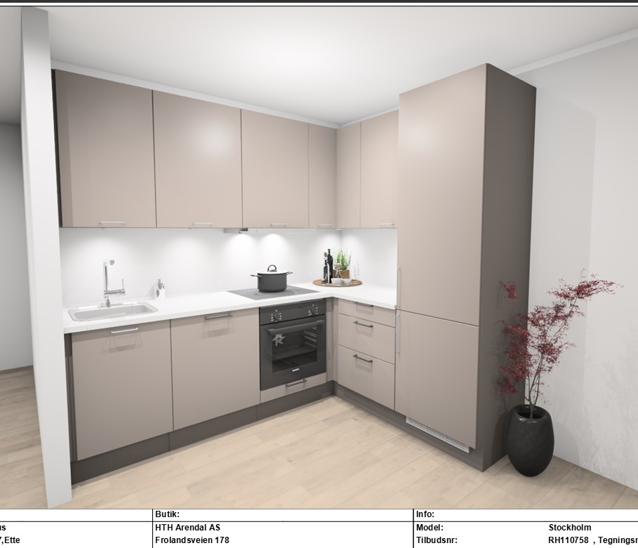 Illustrasjon av kjøkken (ikke våre materialvalg)